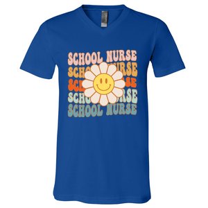 Retro Groovy School Nurse Flower Funny Back To School Gift V-Neck T-Shirt