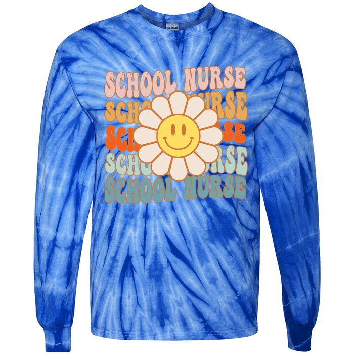 Retro Groovy School Nurse Flower Funny Back To School Gift Tie-Dye Long Sleeve Shirt