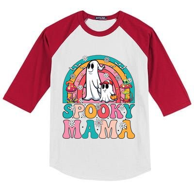 Retro Groovy Spooky Mama Floral Ghost Halloween Season Mommy Cute Gift Kids Colorblock Raglan Jersey