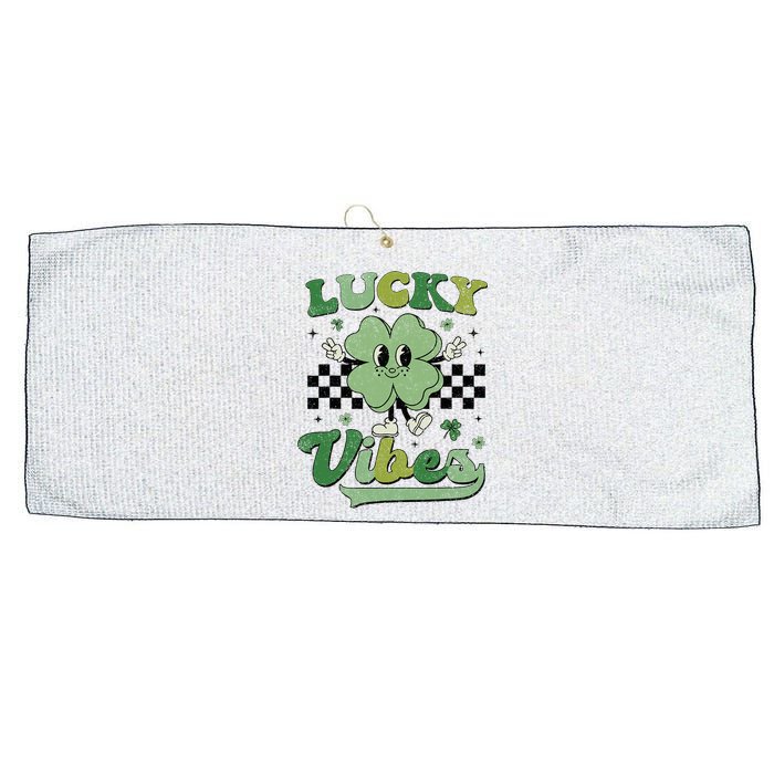 Retro Groovy St Patricks Day Lucky Vibes Hippie Shamrock Large Microfiber Waffle Golf Towel