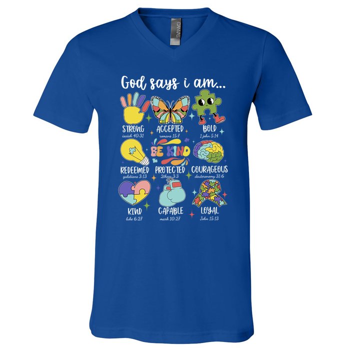 Retro God Says I Am Autism Be Kind Puzzle Autism Awareness Gift V-Neck T-Shirt