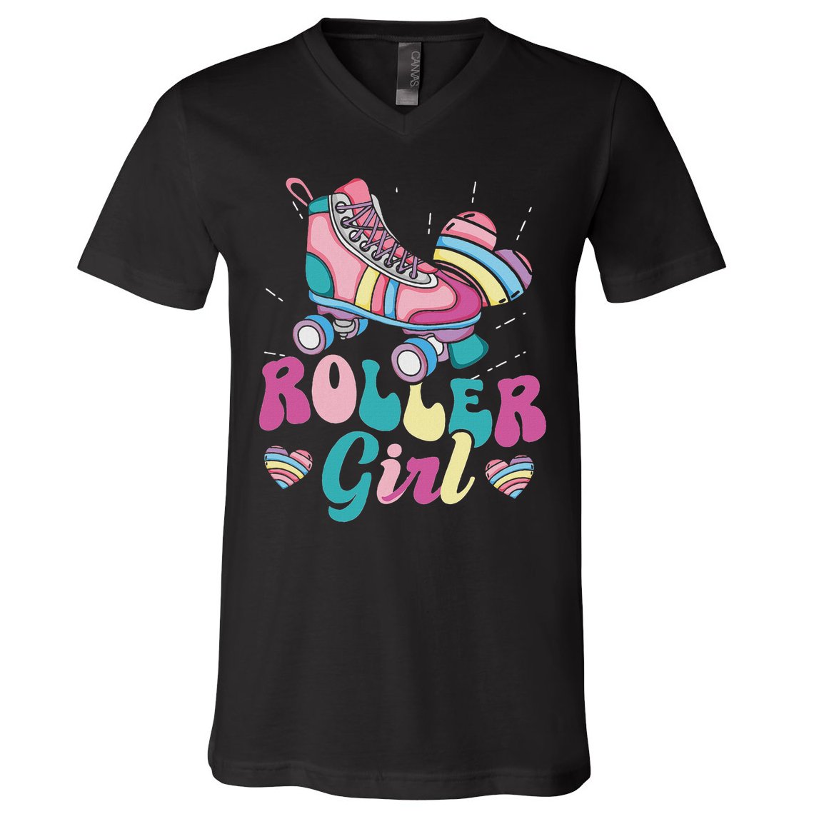 Roller Girl Skater Skating Retro Vintage 70s 80s 90s Skates V-Neck T-Shirt