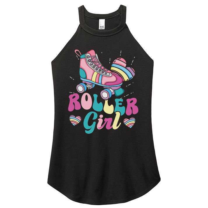 Roller Girl Skater Skating Retro Vintage 70s 80s 90s Skates Women's Perfect Tri Rocker Tank