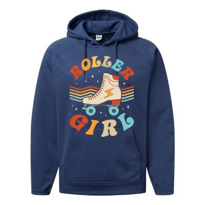 Roller Girl Skater Skating Retro Vintage 70s 80s Skates Performance Fleece Hoodie