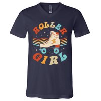 Roller Girl Skater Skating Retro Vintage 70s 80s Skates V-Neck T-Shirt