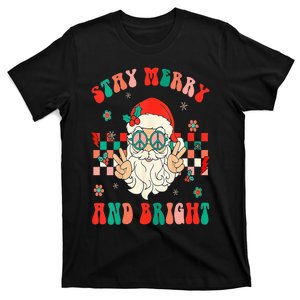 Retro Groovy Stay Merry And Bright Santa Claus Christmas T-Shirt