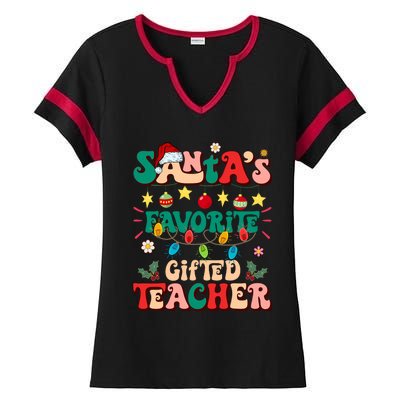 Retro Groovy SantaS Favorite Gifted Teacher Light Christmas Ladies Halftime Notch Neck Tee