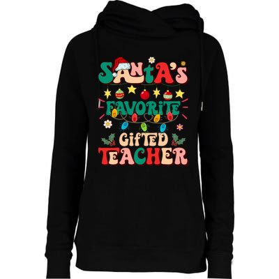 Retro Groovy SantaS Favorite Gifted Teacher Light Christmas Womens Funnel Neck Pullover Hood