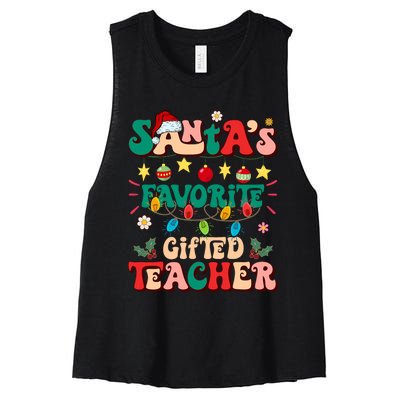 Retro Groovy SantaS Favorite Gifted Teacher Light Christmas Women's Racerback Cropped Tank