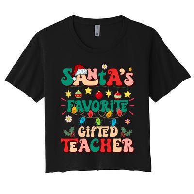 Retro Groovy SantaS Favorite Gifted Teacher Light Christmas Women's Crop Top Tee