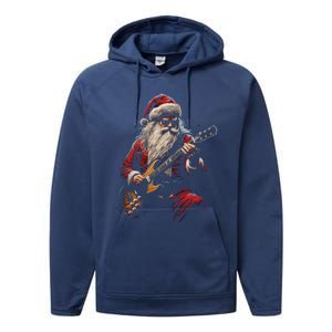 Rock Guitar Santa Claus Playing Guitar Funny Christmas Gift Performance Fleece Hoodie