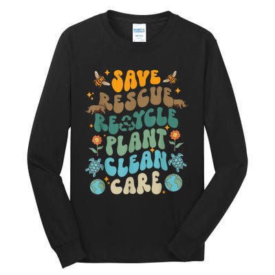 Retro Groovy Save Bees Rescue Animals Recycle Fun Earth Day Tall Long Sleeve T-Shirt