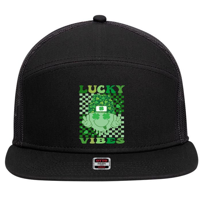 Retro Groovy St Patricks Day Lucky Vibes Hippie Smile Face Gift 7 Panel Mesh Trucker Snapback Hat