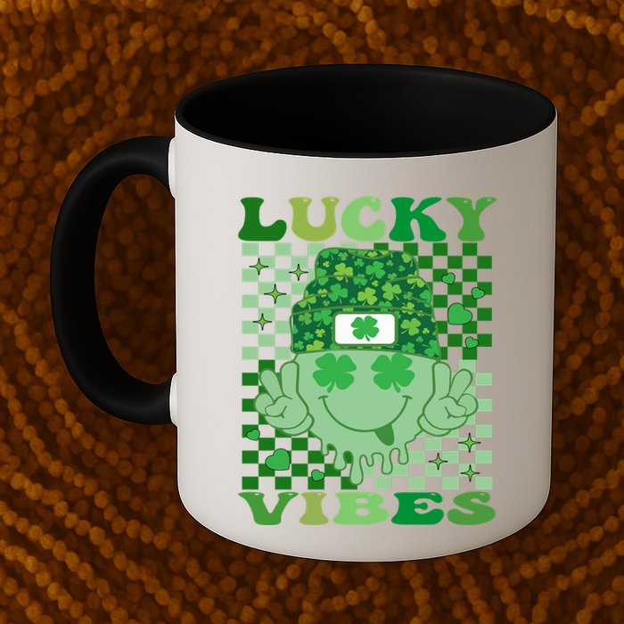 Retro Groovy St Patricks Day Lucky Vibes Hippie Smile Face Gift Mug