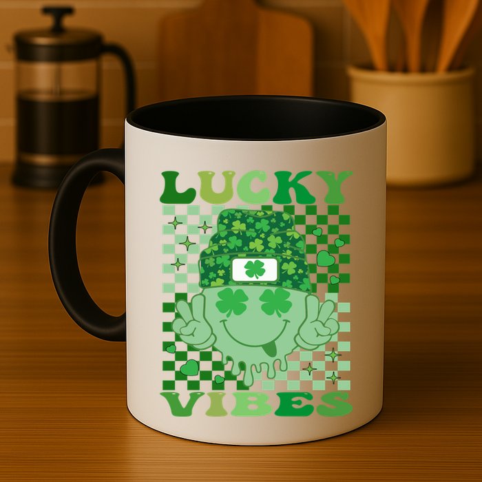 Retro Groovy St Patricks Day Lucky Vibes Hippie Smile Face Gift Mug