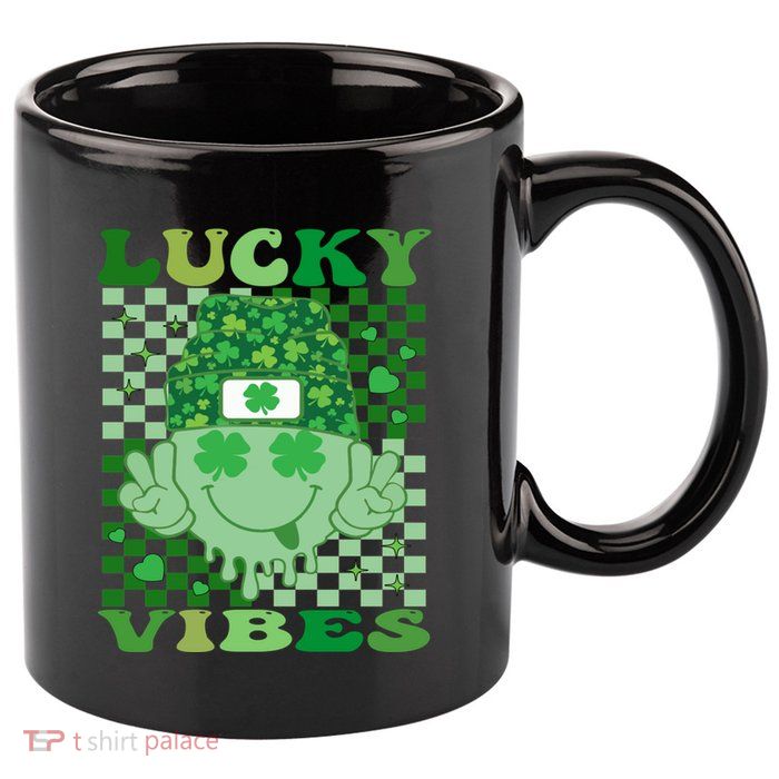 Retro Groovy St Patricks Day Lucky Vibes Hippie Smile Face Gift 11oz C Handle Ceramic Mug