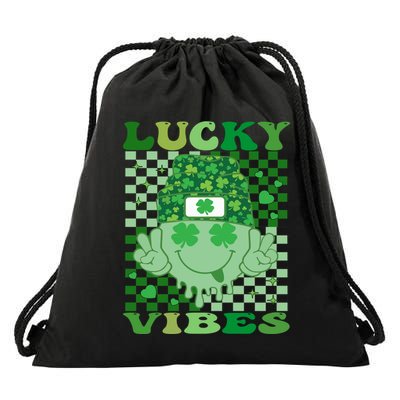 Retro Groovy St Patricks Day Lucky Vibes Hippie Smile Face Gift Drawstring Bag