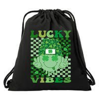 Retro Groovy St Patricks Day Lucky Vibes Hippie Smile Face Gift Drawstring Bag