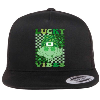 Retro Groovy St Patricks Day Lucky Vibes Hippie Smile Face Gift Flatbill Hat