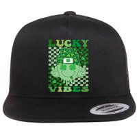 Retro Groovy St Patricks Day Lucky Vibes Hippie Smile Face Gift Flat Bill Trucker Hat