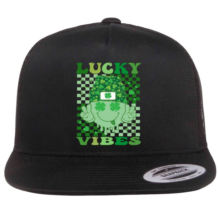 Retro Groovy St Patricks Day Lucky Vibes Hippie Smile Face Gift Flat Bill Trucker Hat