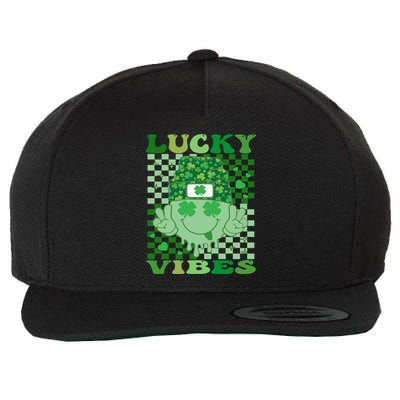 Retro Groovy St Patricks Day Lucky Vibes Hippie Smile Face Gift Wool Snapback Cap