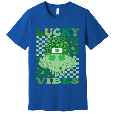 Retro Groovy St Patricks Day Lucky Vibes Hippie Smile Face Gift Premium T-Shirt