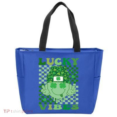 Retro Groovy St Patricks Day Lucky Vibes Hippie Smile Face Gift Zip Tote Bag