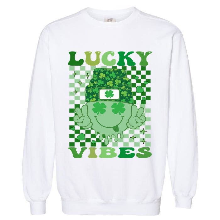 Retro Groovy St Patricks Day Lucky Vibes Hippie Smile Face Gift Garment-Dyed Sweatshirt