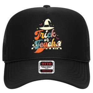 Retro Groovy Trick Or Teach Halloween Ghost Spooky Teacher High Crown Mesh Back Trucker Hat