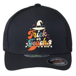 Retro Groovy Trick Or Teach Halloween Ghost Spooky Teacher Flexfit Unipanel Trucker Cap