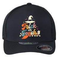 Retro Groovy Trick Or Teach Halloween Ghost Spooky Teacher Flexfit Unipanel Trucker Cap