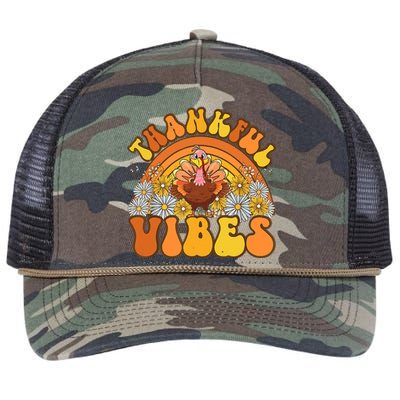 Retro Groovy Thankful Vibes Turkey Fall Thanksgiving Retro Rope Trucker Hat Cap