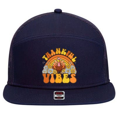 Retro Groovy Thankful Vibes Turkey Fall Thanksgiving 7 Panel Mesh Trucker Snapback Hat