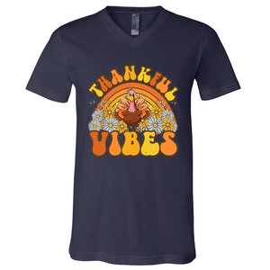 Retro Groovy Thankful Vibes Turkey Fall Thanksgiving V-Neck T-Shirt