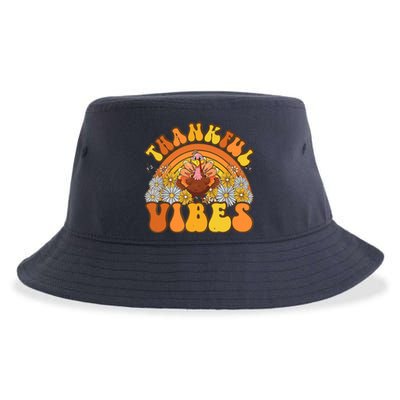 Retro Groovy Thankful Vibes Turkey Fall Thanksgiving Sustainable Bucket Hat