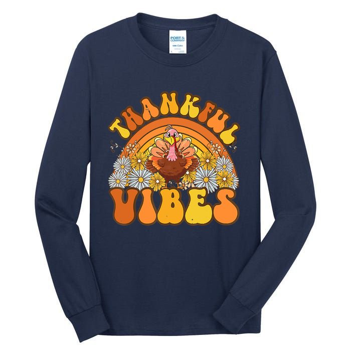 Retro Groovy Thankful Vibes Turkey Fall Thanksgiving Tall Long Sleeve T-Shirt