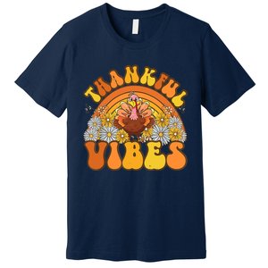 Retro Groovy Thankful Vibes Turkey Fall Thanksgiving Premium T-Shirt