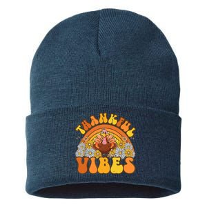 Retro Groovy Thankful Vibes Turkey Fall Thanksgiving Sustainable Knit Beanie