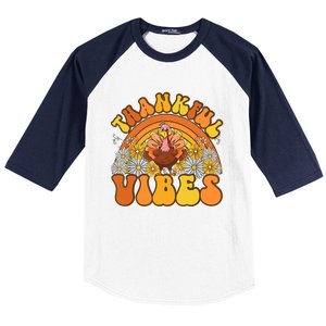 Retro Groovy Thankful Vibes Turkey Fall Thanksgiving Baseball Sleeve Shirt