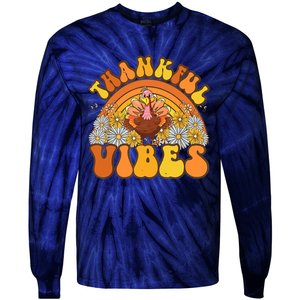 Retro Groovy Thankful Vibes Turkey Fall Thanksgiving Tie-Dye Long Sleeve Shirt