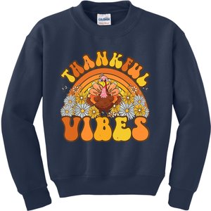 Retro Groovy Thankful Vibes Turkey Fall Thanksgiving Kids Sweatshirt