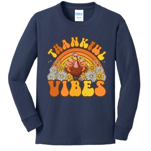 Retro Groovy Thankful Vibes Turkey Fall Thanksgiving Kids Long Sleeve Shirt