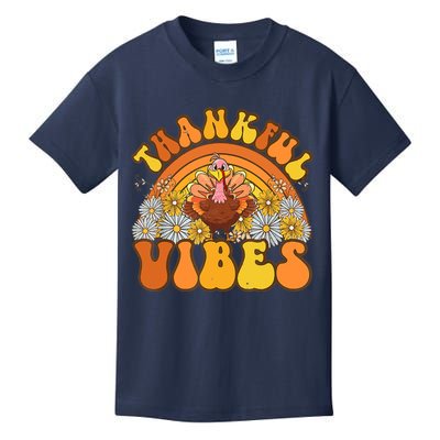 Retro Groovy Thankful Vibes Turkey Fall Thanksgiving Kids T-Shirt