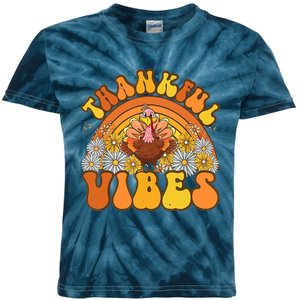 Retro Groovy Thankful Vibes Turkey Fall Thanksgiving Kids Tie-Dye T-Shirt