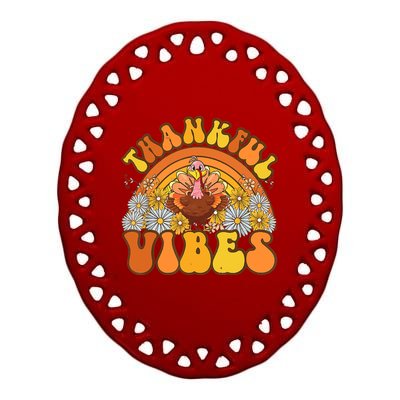 Retro Groovy Thankful Vibes Turkey Fall Thanksgiving Ceramic Oval Ornament