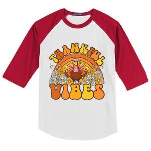 Retro Groovy Thankful Vibes Turkey Fall Thanksgiving Kids Colorblock Raglan Jersey