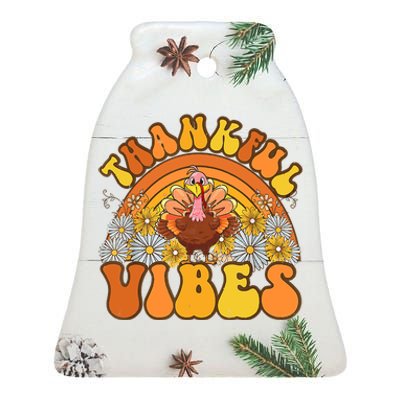 Retro Groovy Thankful Vibes Turkey Fall Thanksgiving Ceramic Bell Ornament