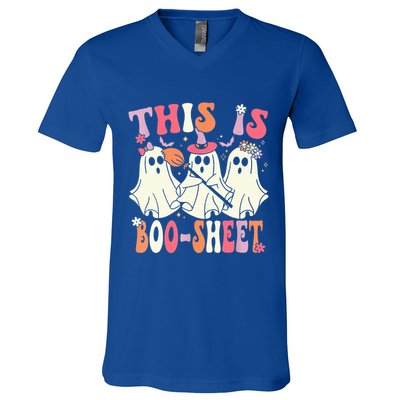 Retro Groovy This Is Some Boo Sheet Halloween Ghost Funny V-Neck T-Shirt