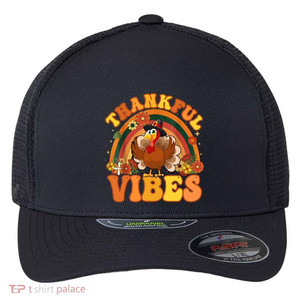 Retro Groovy Thankful Vibes Turkey Fall Thanksgiving Cute Gift Flexfit Unipanel Trucker Cap
